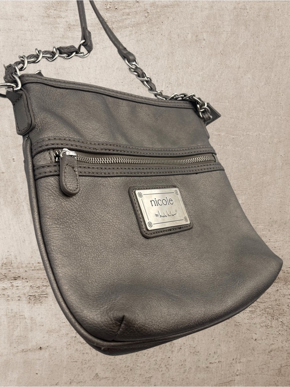 Nicole by Nicole Miller Metallic Taupe Gray Faux Leather Crossbody Chain Bag